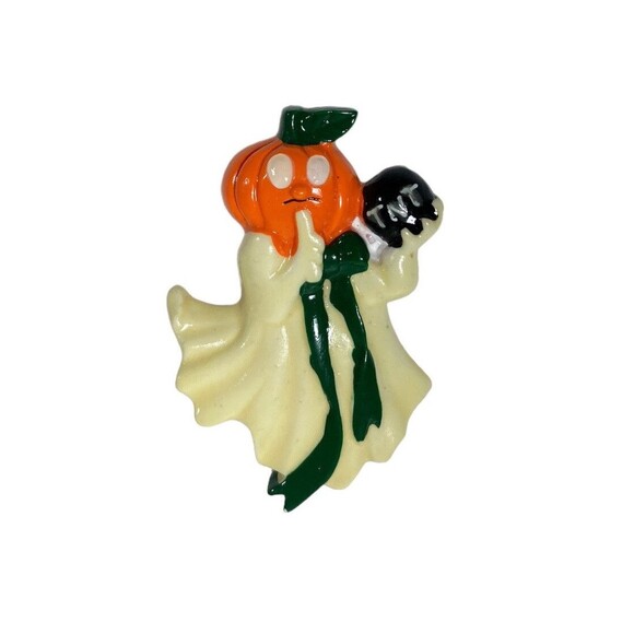 VIntage 80’s Glow In The Dark Pumpkin Head Ghost Holding TNT Bomb Halloween Pin - Picture 1 of 4
